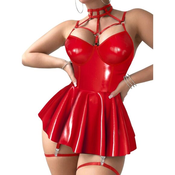 Women Pu Red Strappy Leather Underwire Choker Garter Belt Lingerie Set Dress - Picture 4 of 6